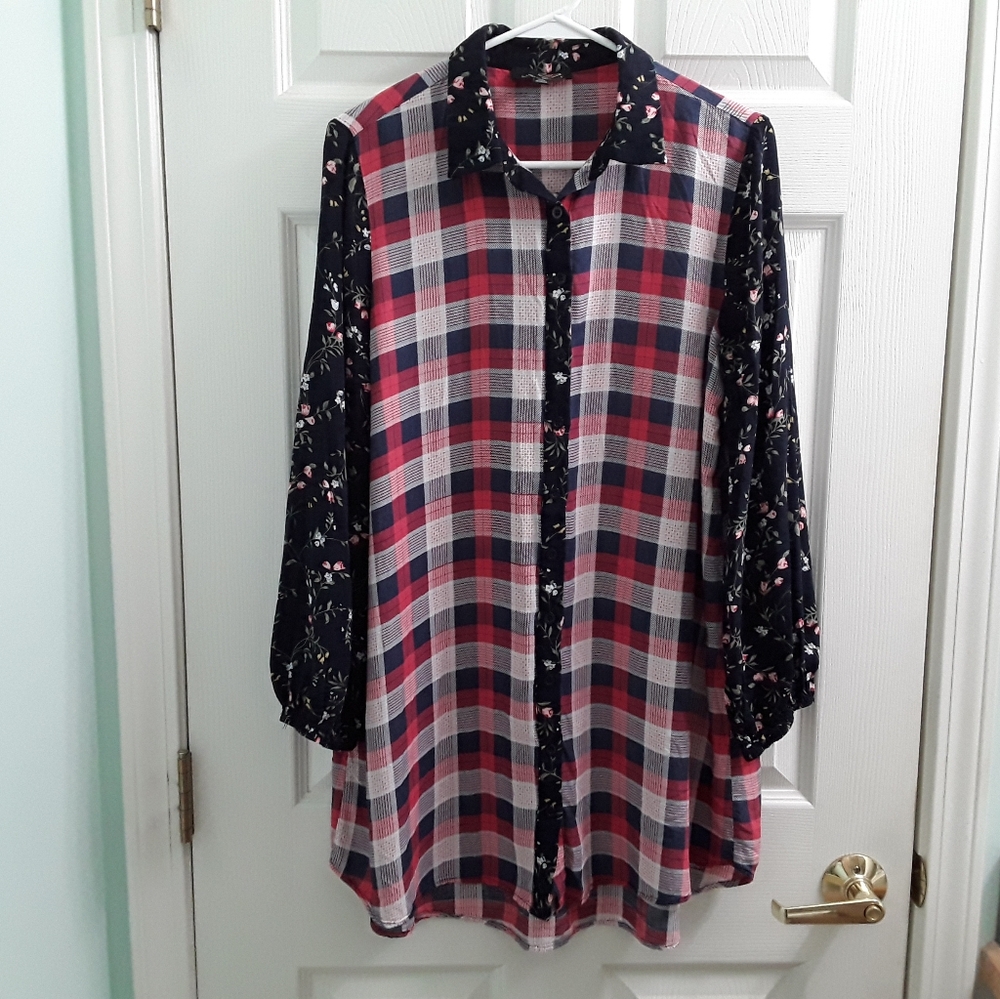 Suzanne Betro Plaid Floral Button Front Tunic